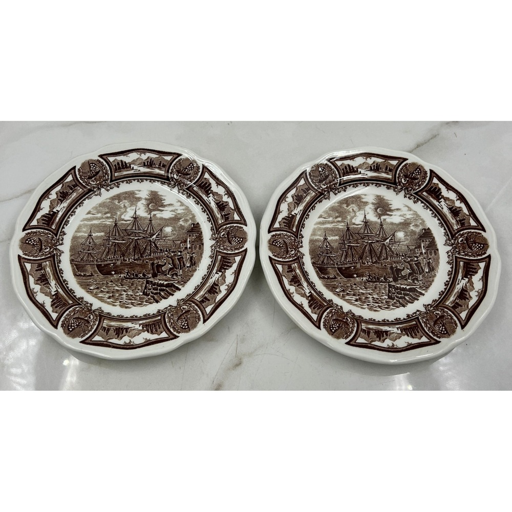 J&G Meakin Americana Style Salad Plates House Boston Tea Party Brown Ironstone